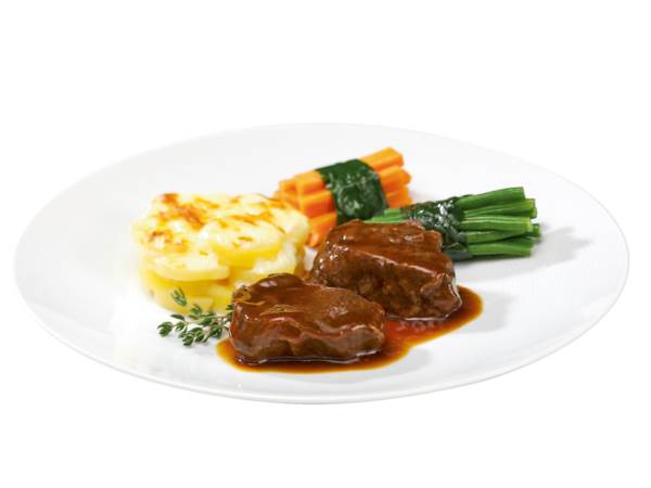 TK Block Menü Ochsenbacke, in Merlot geschmortes Ochsenbäckchen, Sous vide gegart, 250g 12 PO/KT mit Bratenfond, Fleischeinwaage 48%,