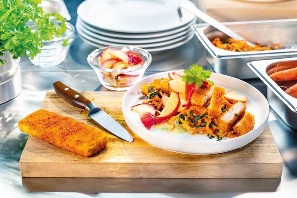 TK Fisch vom Feld Veganer Backfisch, IQF, ca.100g, geformt, paniert, vorgebacken, ca. 30 Stück, 3 KG/KT auf Basis von hellen Gemüsesorten und Jackfrucht