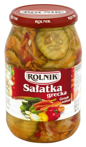 Rolnik Sałatka grecka, plastry ogórków z soczystą marchewką, papryką i cebulą 900 ML/SŁ masa po odcieku: 480g