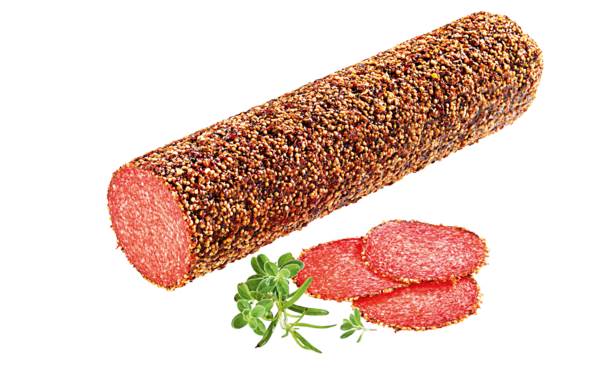 Hellmann Salami Auslese im Kräutermantel mit Rindergelatine, ummantelt - 1/1 Stück 2 KG/ST Kaliber 85, mittelfein gekörnt