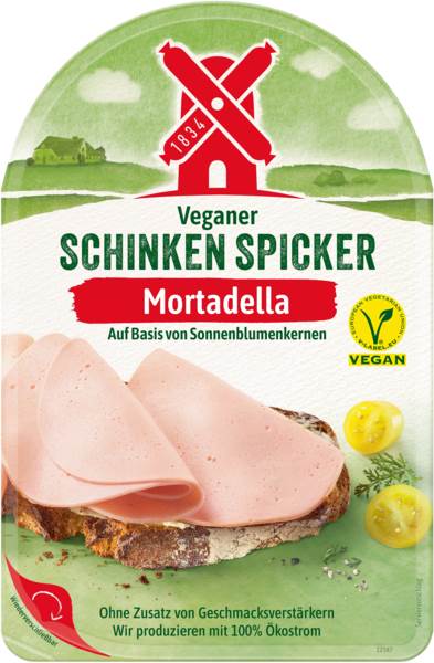 Rügenwalder Veganer Schinkenspicker Mortadella nach Art einer Schinkenwurst , 0,08 KG/PK Basis von Sonnenblumenkernen, gefächert, schnittfest, ca. 8 Scheiben je Packung