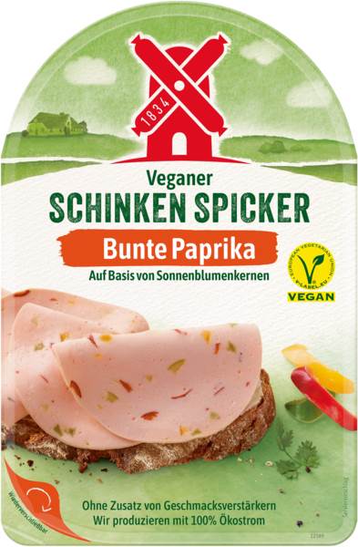 Rügenwalder Veganer Schinken Spicker mit bunter Paprika nach Art einer Schinkenwurst, 0,08 KG/PK Basis von Sonnenblumenkernen, gegart, gefächert, ca. 8 Scheiben je Packung