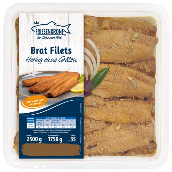 Friesenkrone Brat Herings Filets, ohne Gräten, ca. 28 Stück, ca.64g, 2500 G/SH mild-würzig, ohne Konservierungsstoffe, Fischeinwaage: 1,75kg