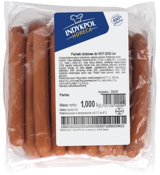 Indykpol Parówki drobiowe Hot-Dog, wędzone, parzone, drobno rozdrobnione, bez osłonki, 1 KG  , ok. 18-20 szt.,