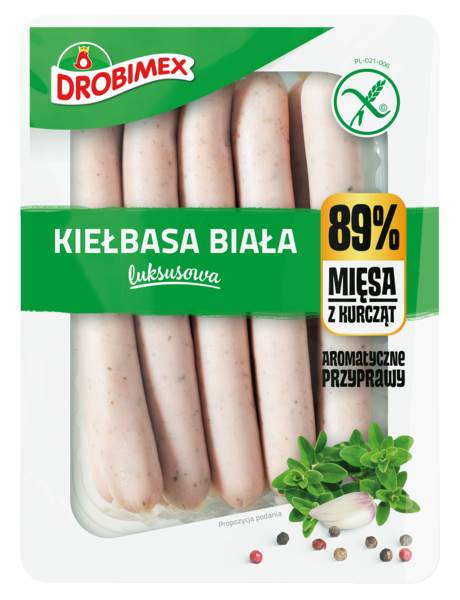 DROBIMEX Kiełbasa biała luksusowa, drobiowa, długość 15cm, średnica 19mm, 1 KG/PR , w osłonce kolagenowej,