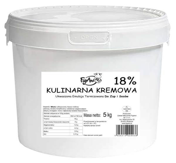 FigAnd FigAnd Kulinarna Kremowa 18%, ukwaszona emulsja termizowana do zup i sosów 5 KG/WD