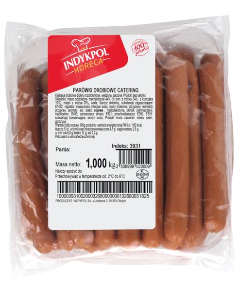 Indykpol Parówki drobiowe Catering, wędzone, parzone, drobno rozdrobnione, ok. 1 KG/PR  , fi ok.17 mm, długość ok.14cm, bez osłonki,
