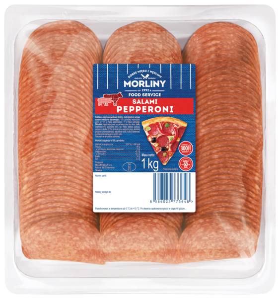 Morliny Salami Peperoni, wieprzowo-wołowe, surowe, suszone, wędzone, dojrzewające, 1 KG/PA  , drobno rozdrobnione,