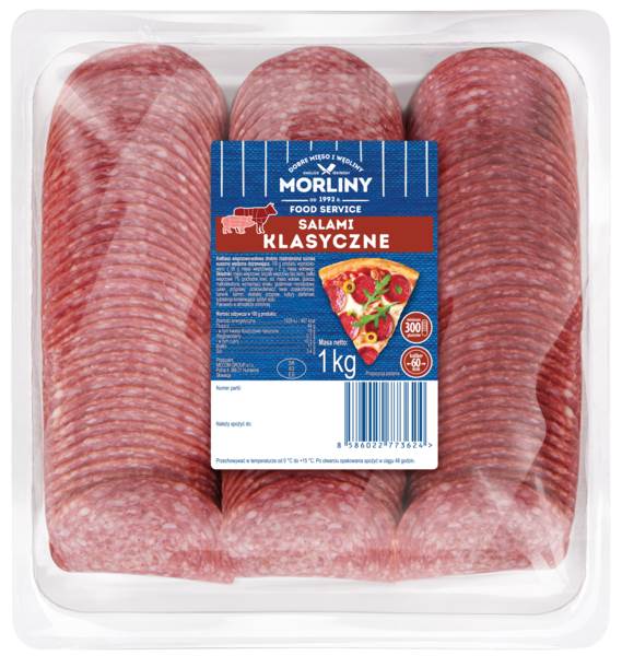 Morliny Salami klasyczne, wieprzowo-wołowe, surowe, suszone, wędzone, dojrzewające, 1 KG/PA  , drobno rozdrobnione,