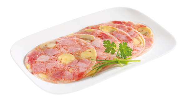 Base Culinar Schinkenfleisch in Aspik, mit Champignons, gefächert, ca.28 Scheiben/Pk, 0,5 KG/PK Kaliber 100/105, mit gewürfeltem Schweinefleisch, nach dtsch.Rezeptur,