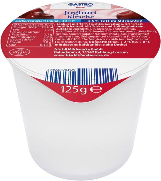 GASTRO frischli Fruchtjoghurt, 3,5% Fett, zuckerreduziert, 4-fach sortiert, 125 G/BE 1Becher=1 BE, Sauerkirsche, Waldfrucht, Erdbeere, Pfirsich-Maracuja