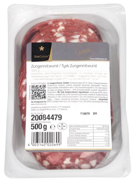 Star Culinar Zungenrotwurst, Kochwurst mit 40 % Zungeneinlage, gefächert, ca. 32 Schb/Pk, 0,5 KG/PK Kaliber 100, Blut-Schwarten-Grundmasse m.stückiger Einlage, nach dtsch.Rezeptur,