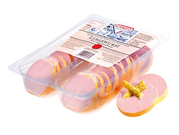 GS Schmitz Leberwurst - fein und streichzart, gefächert, ca. 2 x 10 Scheiben/Pk, 0,5 KG/PK Kaliber 60, im Kunstdarm