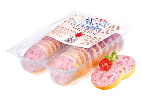 GS Schmitz Leberwurst - grob gekörnt, im Kunstdarm, gefächert, 2 x 10 Scheiben/Pk, 0,5 KG/PK Kaliber 60
