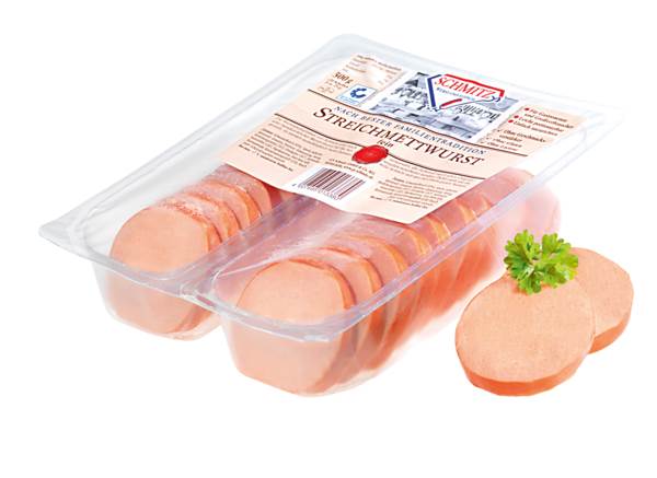 GS Schmitz Streichmettwurst, fein gekörnt, im Kunstdarm, gefächert, 2x10 Scheiben/Pk, 0,5 KG/PK Kaliber 60