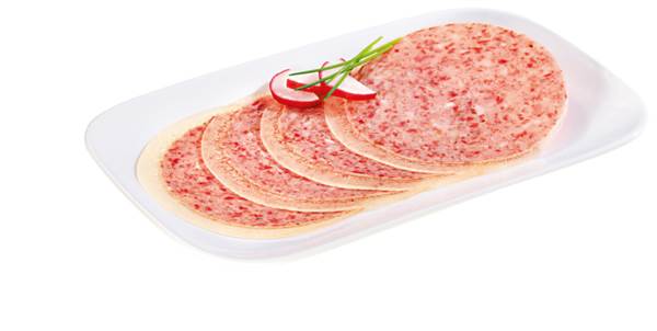Feldhues Jägerfrühstück "Presswurst Art", im Geleerand, gefächert, ca. 39 Scheiben/Pk, 0,5 KG/PK Kaliber 95/115, aus Schweinefleisch,