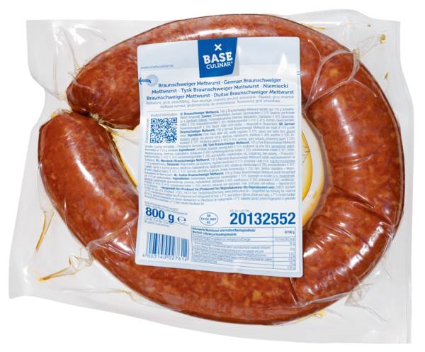 Braunschweiger Mettwurst, Rohwurst, streichfähig, grob gekörnt, 1/1 Ring, 800 G/ST Kaliber 43, geräuchert, im Kunstdarm, nach dtsch.Rezeptur