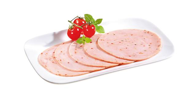 Langewiesche Truthahnbrust "Bruschetta", gepökelt, gegart, gewürzt, gefächert, ca.30 Schb/Pk, 0,5 KG/PK Kaliber 95, aus Fleischstücken zusammengefügt