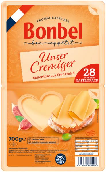 Bonbel Butterkäse Scheiben, halbf. Schnittkä., Kuhmilch, 50% Fett i.Tr., Frank.,28x25g, 700 G/PK laktosefrei