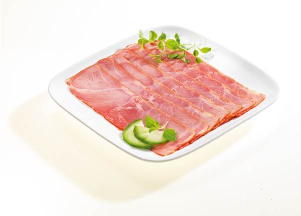 Holsteiner Putenräucherei Puten-Bacon, geräuchert, gefächert, ca. 35 Scheiben/PK, 0,25 KG/PK vierkant, aus Fleischstücken zusammengefügt