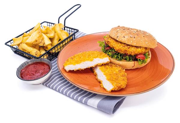 TK Hanna Crunchy Chicken Burger gegart, flüssig gewürzt, 130g, 3 KG/KT zerkleinertes Hähnch.Brustfil., mit Cornflakes-Panade, halal, Durchm. ca.109mm