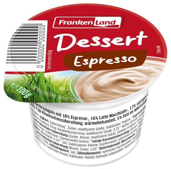 Frankenland H-Joghurt-Dessert, 5% Fett, sortiert, 20x, ungekühlt haltbar, 0,1 KG/BE 5 x Espresso, 5 x Latte Macchiato, 5 x Salted Caramel, 5 x Käsekuchen