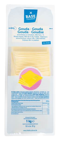 Base Culinar Gouda gefächert, 48% Fett i.Tr., 10x10cm, 50x20g, mind. 4 Wochen gereift, 1 KG/PK