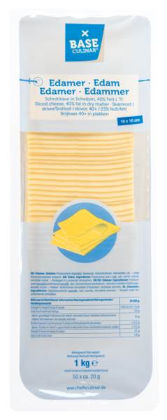 Base Culinar Edamer gefächert, 40% Fett i. Tr., 10x10cm, 50x20g, 1 KG/PK