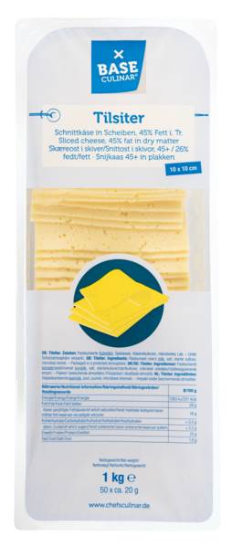 Base Culinar Tilsiter gefächert, 45% Fett i. Tr., 10x10cm, 50x20g, 1 KG/PK