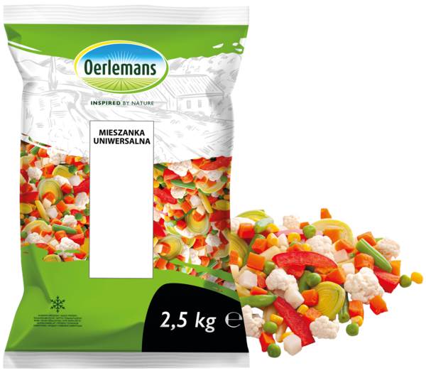 Mr Oerlemans Mieszanka uniwersalna, marchew czerwona plastry, por, kalafior, pasternak, 2,5 KG/PA  , fasola zielona i żółta cięta, groszek, kukurydza, seler, papryka czerwona,