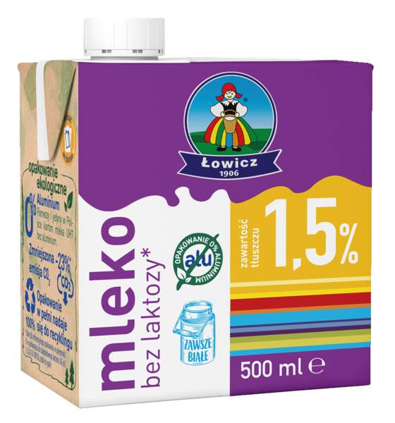 Łowickie Mleko bez laktozy, 1,5% tłuszczu, UHT, 0,5 L/ST