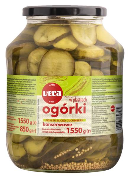 Vera Ogórki w plastrach, kanapkowe, konserwowe, 1550 GR/SŁ masa netto po odsączeniu: 850 g