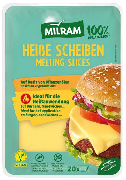 Heiße Scheiben vegan auf Basis von Pflanzenöl 400 G/PK Optimales Schmelz- und Bräunungsverhalten
