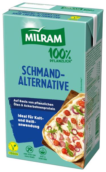 Milram Schmandalternative vegan auf Basis von Pflanzenöl und Ackerbohnenprotein 1 KG/PK ungekühlt haltbar, Hitze-, säure-, backstabil und für kalte Anwendungen