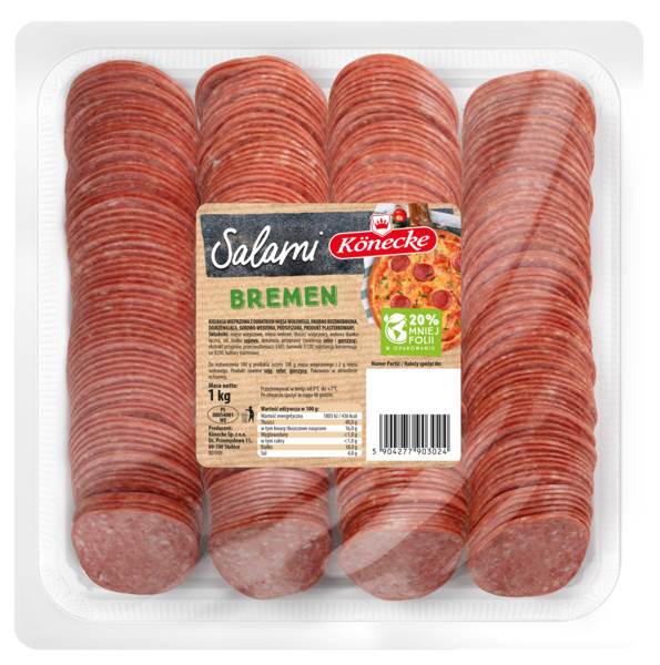 Könecke Salami Bremen, wieprzowo-wołowe, surowo-wędzone, dojrzewające, plastry, 1 KG/PA  , podsuszane, drobno rozdrobnione,