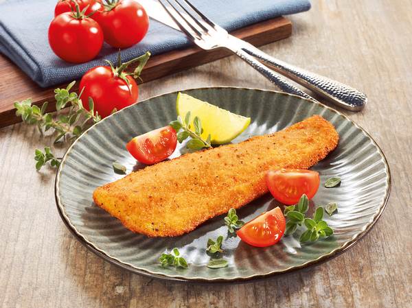 TK MSC Alaska-Seelachs Filet mehliert Tomate & Oregano, vorgebraten, 80-100g, 5 KG/KT Naturfilet in feiner Tomaten-Oregano-Panierung (20%), IQF, ca. 55 Stück