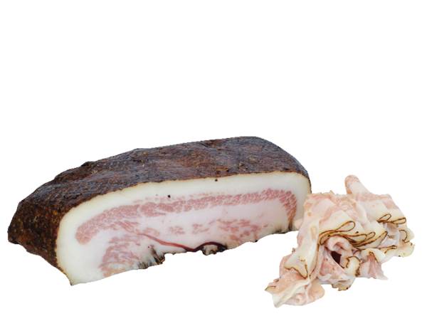 MANZINI Guanciale 1/2 SV, policzek i podgardle wieprzowe, peklowane, 700-900g, 1 KG  , chude mięso w otoczce tłuszczowej z dodatkiem pieprzu,