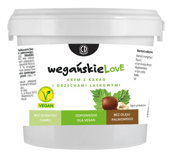CD Wegańskielove Krem z kakao i orzechami laskowymi, 1 KG/WD bez dodatku cukru, bez oleju palmowego