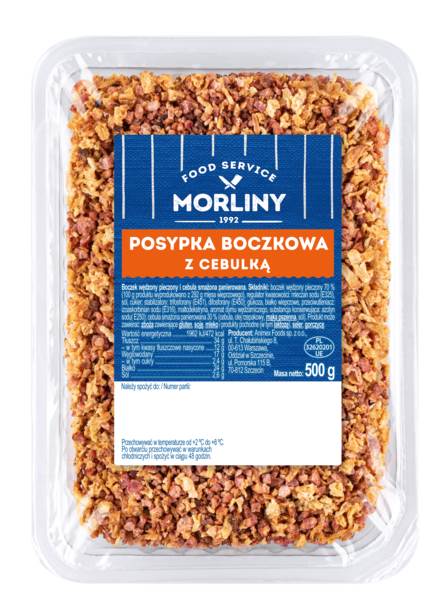 Morliny Posypka z pieczonego wędzonego boczku ze smażoną cebulką, wędzonka wieprzowa, 0,5 KG/PA  , bez skóry, bez żeber, peklowana,