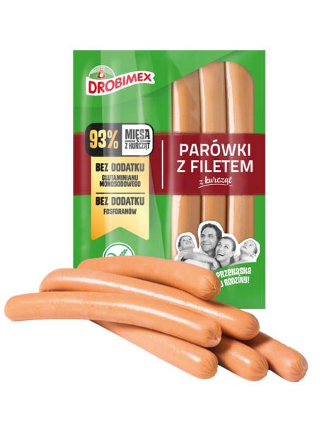 DROBIMEX Parówki z filetem, drobiowe, wędzone parzone, ok. 0,6 KG/PR