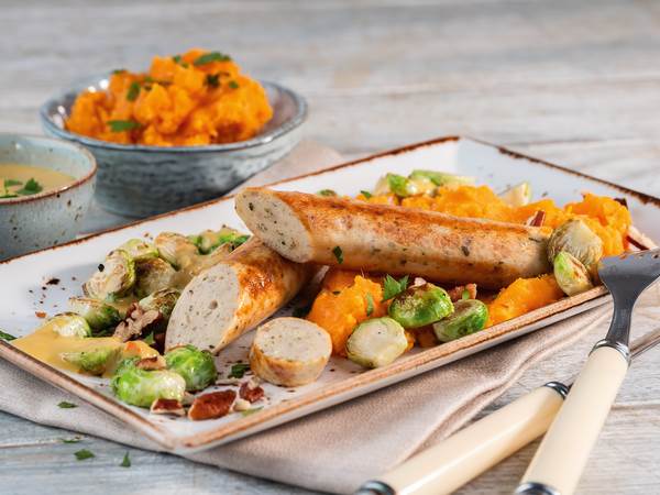 TK Vegeta Jackfruit Bratwurst, gegart, vegan, ca. 90g, 40 ST/KT aus JAckfruit, Rapssamenöl, Erbsen-und Ackerbohnenprotein, gewürzt