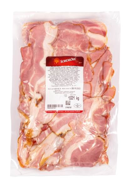 Sokołów Boczek parzony wędzony, wieprzowy, plastry nieukładane, końcówki, ok. 1 KG/PR