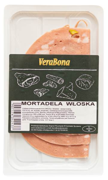 Mortadela włoska z pistacjami, wieprzowa, drobno rozdrobniona, plastry, MAP, 250 GR/PA