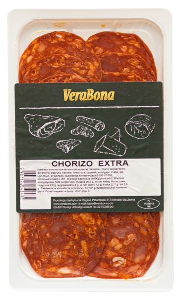 Chorizo extra, wieprzowe, dojrzewające, drobno rozdrobnione, plastry, MAP, 250 GR/PA