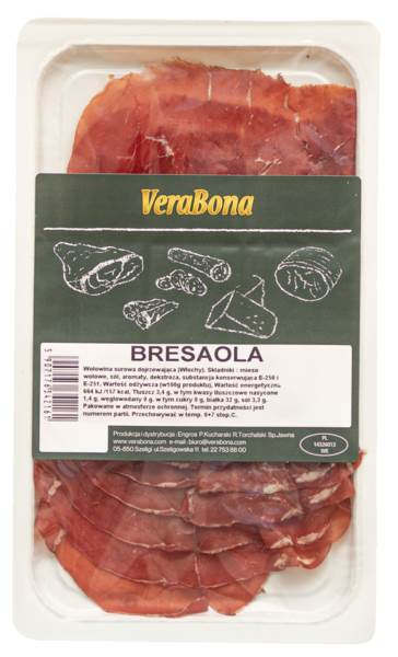 Bresaola, wołowina surowa, dojrzewająca, plastry, MAP, 250 GR/PA