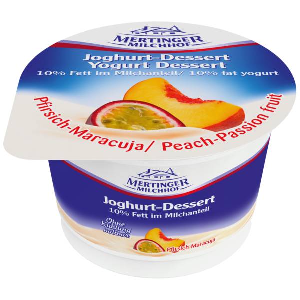 Mertinger Milchhof Joghurt Dessert, 10% Fett, 4fach sortiert, 0,1 KG/BE Erdbeer, Pfirsich-Maracuja, Himbeer, Mango
