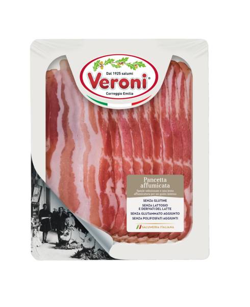 Veroni Pancetta affumicata, podwójny boczek wieprzowy, wędzony, plastry, MAP, 150 GR/PA