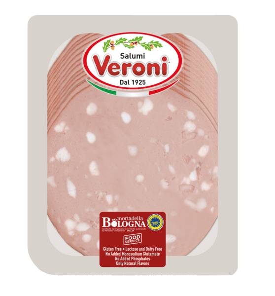 Veroni Mortadella Bologna P.G.I, wieprzowa , gotowana, plastry, z przyprawami, 250 GR/PA , drobno rozdrobniona, MAP,