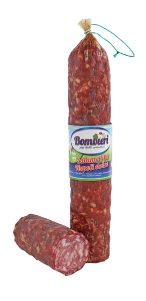 Bombieri Salame "Tipo Napoli" dolce, kiełbasa wieprzowa, solona, lekko pikantna, ok. 0,75 KG/PR , średnio rozdrobniona, w osłonce syntetycznej, połówka,