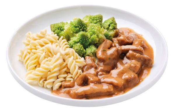 Rindfleischstreifen mit Spirellinudeln und Romanesco